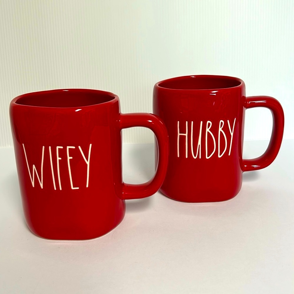 Ray Dunn Artisan Collection Wedding Anniversary 2 Large Red Hubby Wifey Mugs